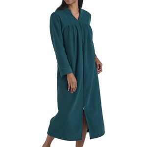Petite Miss Elaine Essentials Brushed Back Terry Long Zip Robe Emerald Green NWT